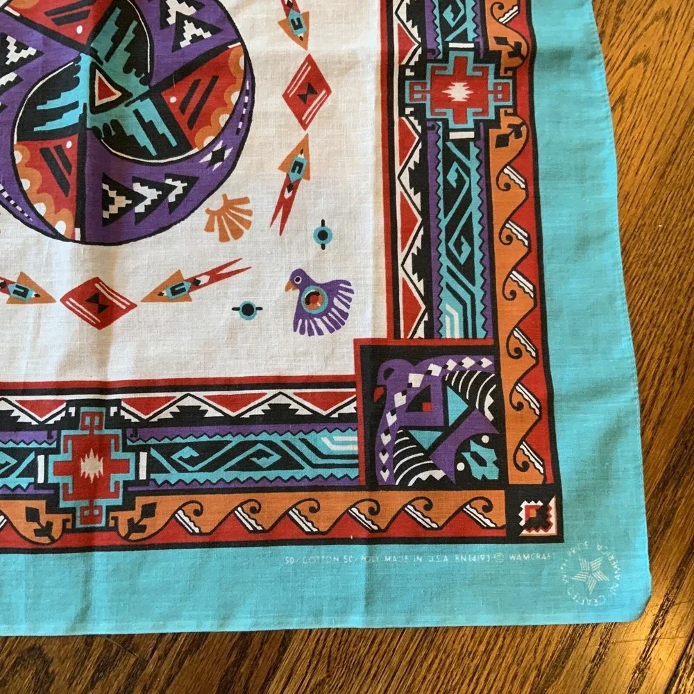 Vtg Wamcraft Bandana Southwest Aztec Teal Purple Black‎ Rare Print Made In USA